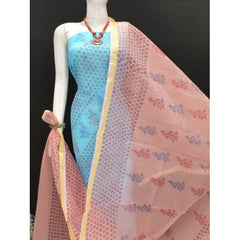 Kota Doria Cotton Beautiful Hand Block Print Turquoise Suit Dress Material With Peach Dupatta For Wo