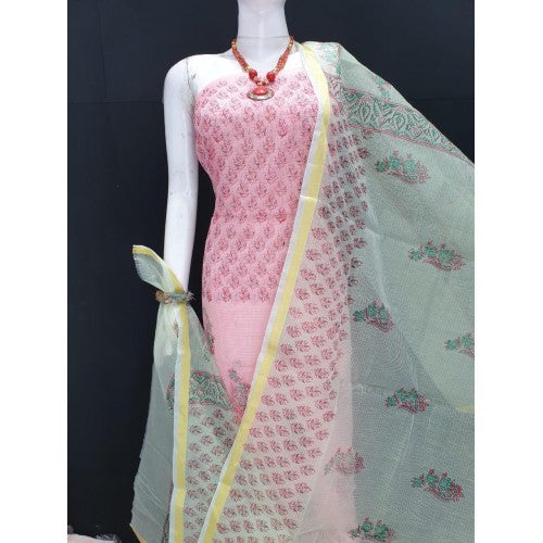 Kota Doria Cotton Beautiful Hand Block Print Pink Suit Dress Material With Sky Blue Dupatta For Wome