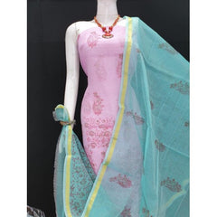 Kota Doria Cotton Beautiful Hand Block Print Pink Suit Dress Material With Turquoise Dupatta For Wom
