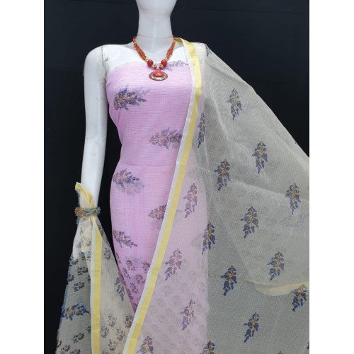 Kota Doria Cotton Beautiful Hand Block Print Pink Suit Dress Material With Yellow Dupatta For Women