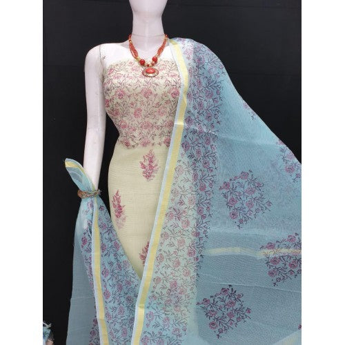 Kota Doria Cotton Beautiful Hand Block Print Yellow Suit Dress Material With Turquoise Dupatta For W