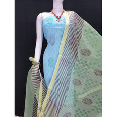 Kota Doria Cotton Beautiful Hand Block Print Turquoise Suit Dress Material With Green Dupatta For Wo