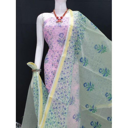 Kota Doria Cotton Beautiful Hand Block Print Pink Suit Dress Material With Green Dupatta For Women