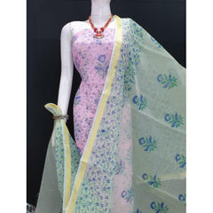 Kota Doria Cotton Beautiful Hand Block Print Pink Suit Dress Material With Green Dupatta For Women