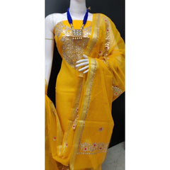Beautiful Designer Kota Doria Soft Cotton Gota Patti Work Yellow Suit Dress Material For Women & Gir