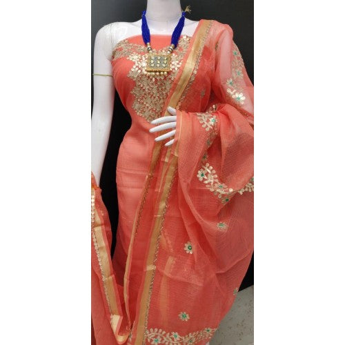 Beautiful Kota Doria Soft Cotton Gota Patti Work Peach Suit Dress Material