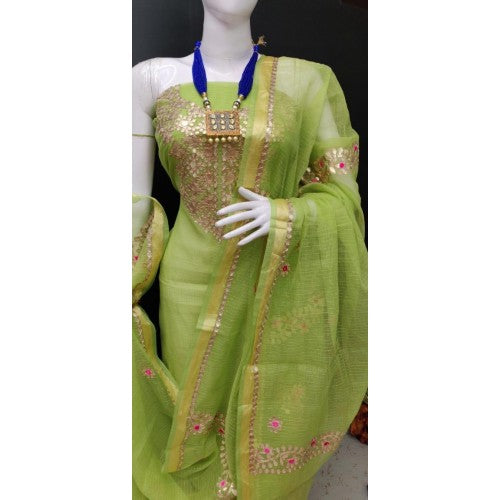Beautiful Kota Doria Soft Cotton Gota Patti Work Green Suit Dress Material