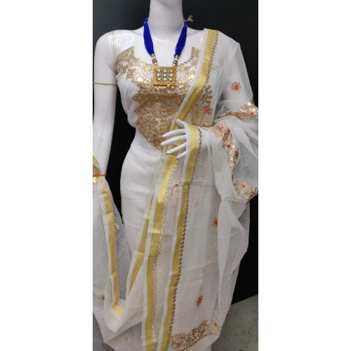 Kota Doria Soft Cotton Gota Patti Work Off White Suit Beautiful Dress Material For Women