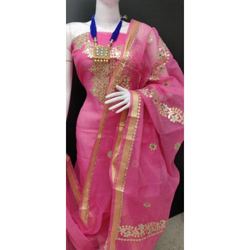 Kota Doria Soft Cotton Gota Patti Work Pink Beautiful Suit Dress Material For Women