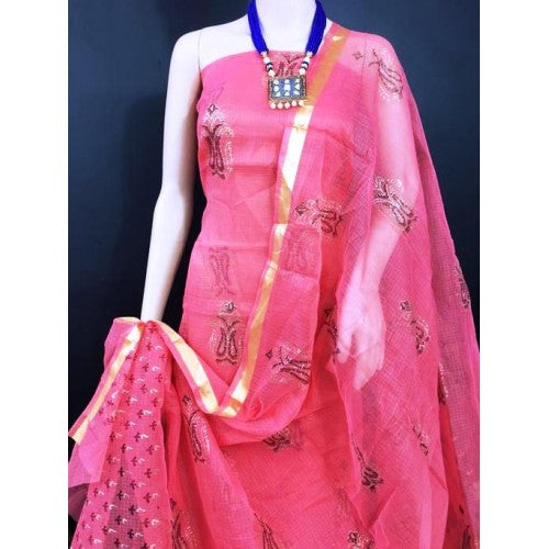 Kota Doria Peach Suit Material With Block Print Work