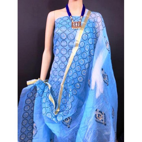 Kota Doria Light Blue Suit Material With Block Print Work