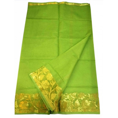Kota Doria Cotton Green Saree With Zari Work Border & Blouse Piece By Admire Creation