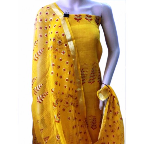 Kota Doria Yellow Suit Material With Block Print Work