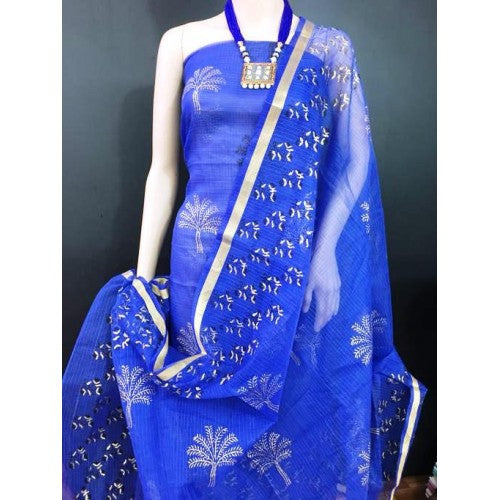 Kota Doria Blue Suit Material With Block Print Work & Dupatta By Admire Creation