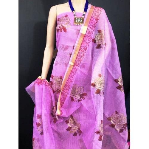 Kota Doria Pink Suit Material With Block Print Work