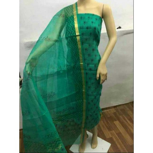 Kota Doria Block Print Cotton Green Dress Material For Women By Handloom Weavers