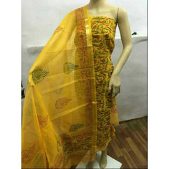 Kota Doria Block Print Cotton Yellow Dress Material For Women By Handloom Weavers