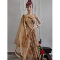 Kota Doria Block Print Cotton Light Brown Dress Material For Women By Handloom Weavers
