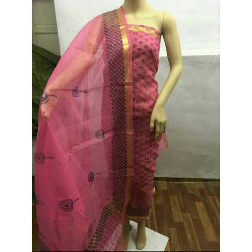 Kota Doria Block Print Cotton Pink Dress Material For Women By Handloom Weavers