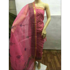 Kota Doria Block Print Cotton Pink Dress Material For Women By Handloom Weavers