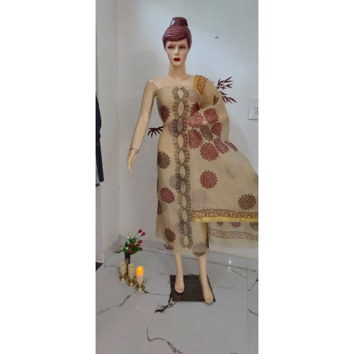 Kota Doria Block Print Cotton Beige Colour Dress Material