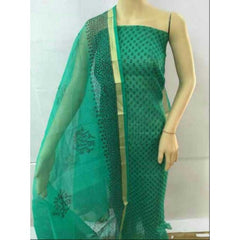 Kota Doria Block Print Cotton Green Dress Material For Women By Handloom Weavers