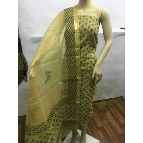 Kota Doria Block Print Cotton Olive Green Dress Material For Women By Handloom Weavers