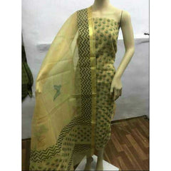 Kota Doria Block Print Cotton Olive Green Dress Material For Women By Handloom Weavers