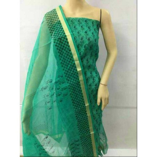 Kota Doria Block Print Cotton Green Dress Material For Women By Handloom Weavers