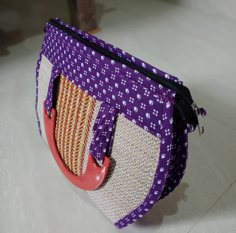 Ladies Hand Bag With Wooden Carrier - Purple