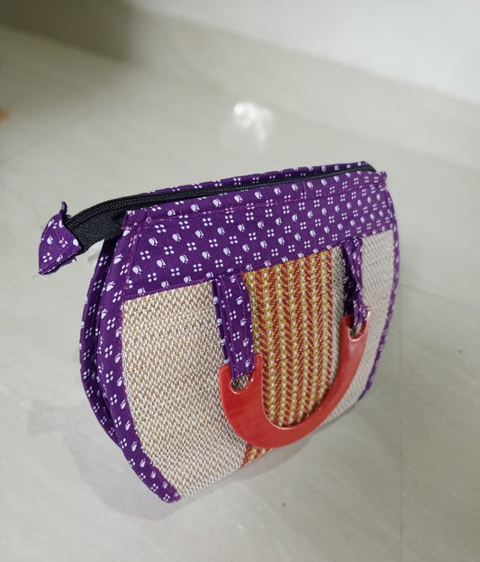 Ladies Hand Bag With Wooden Carrier - Purple