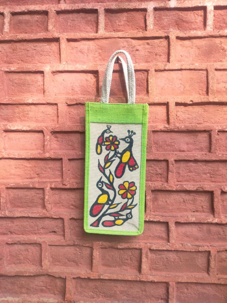 Light Green & Off White Khovar Jute Bottle Bag