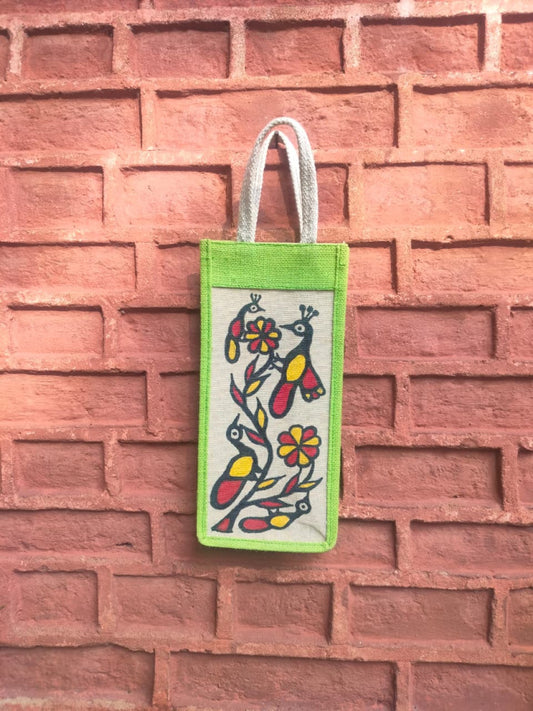Light Green & Off White Khovar Jute Bottle Bag