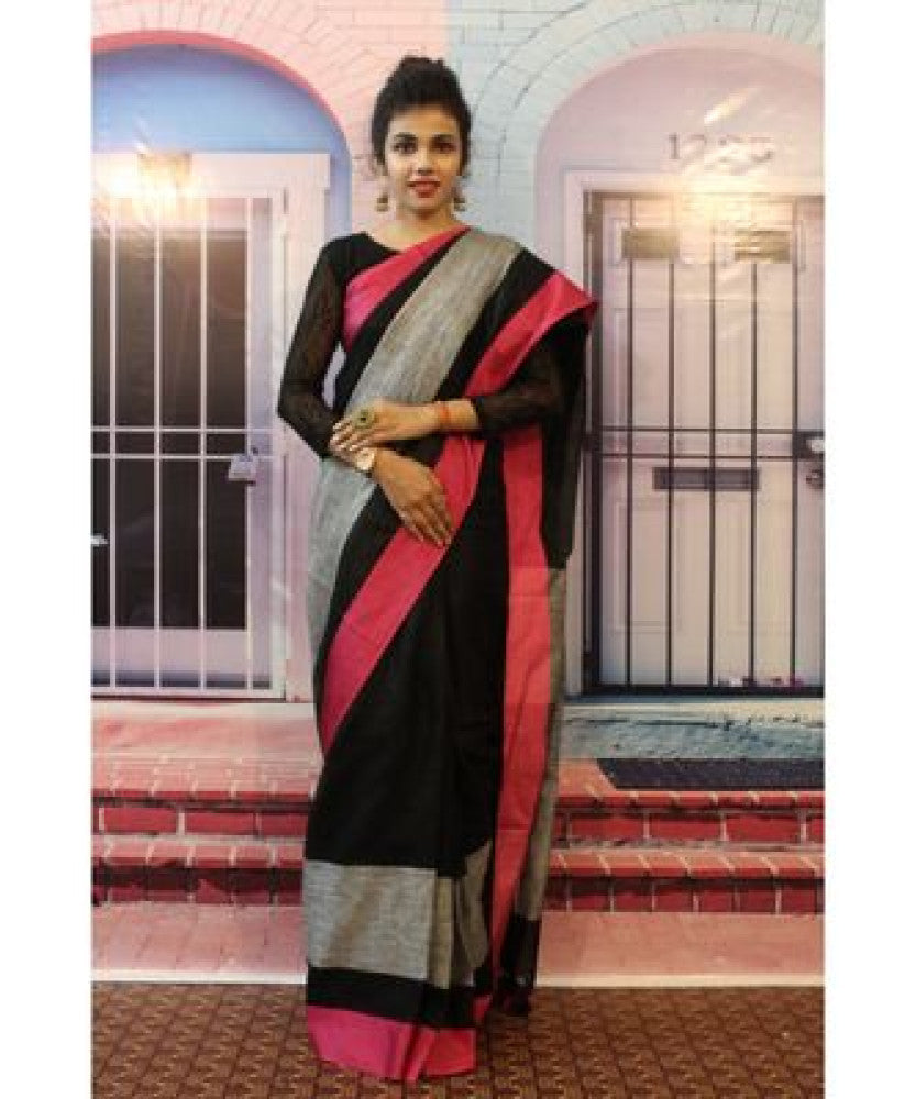 Linen Black Saree With Red Threadwork And Silver Zari