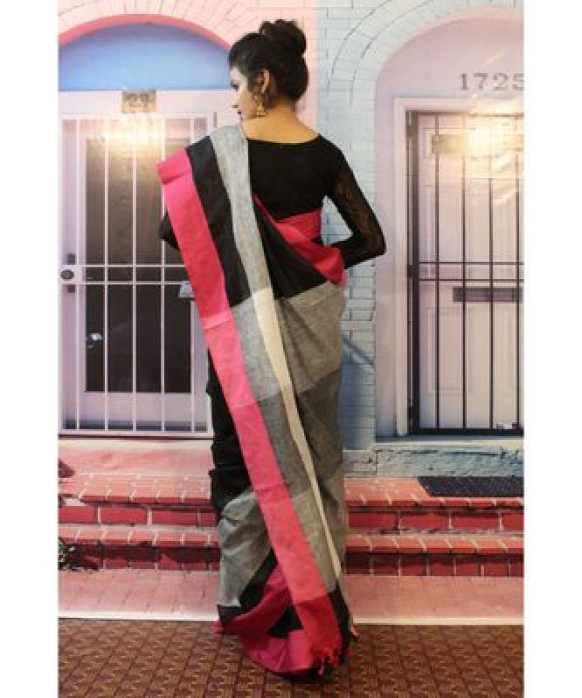 Linen Black Saree With Red Threadwork And Silver Zari