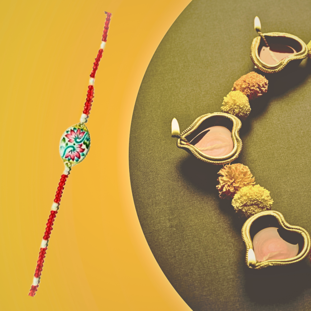 Lotus Design Silver Gulabi Meenakari Rakhi