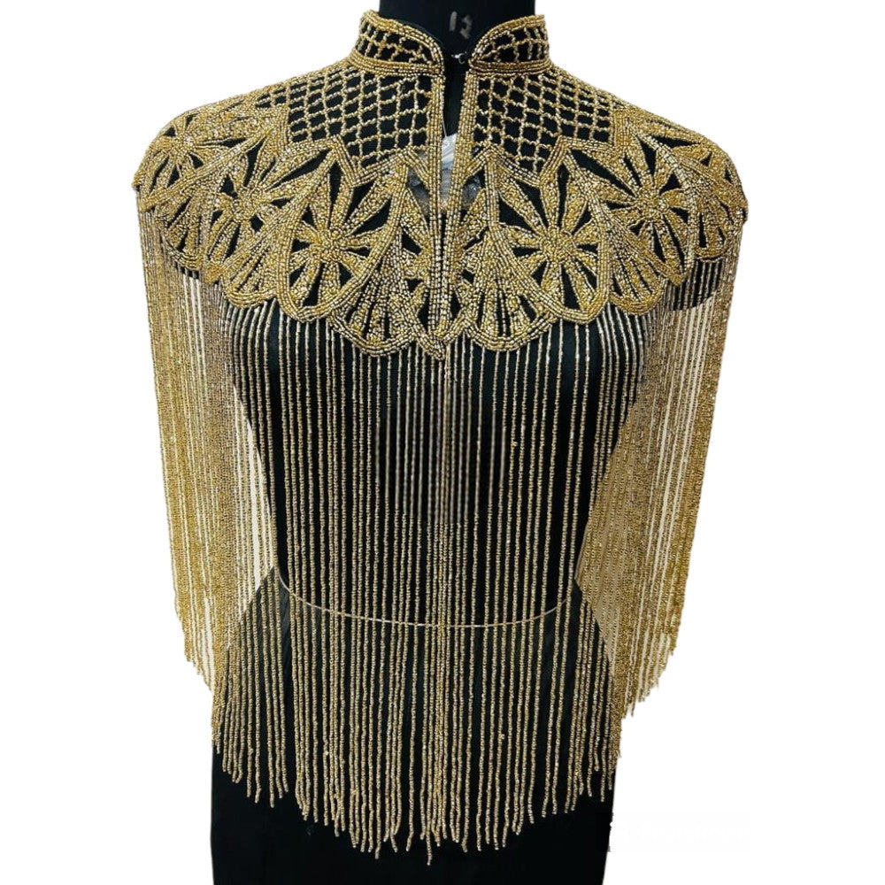 Luxury Golden Beaded Cape Fringe Shoulder Shrug Shawl Pashmina