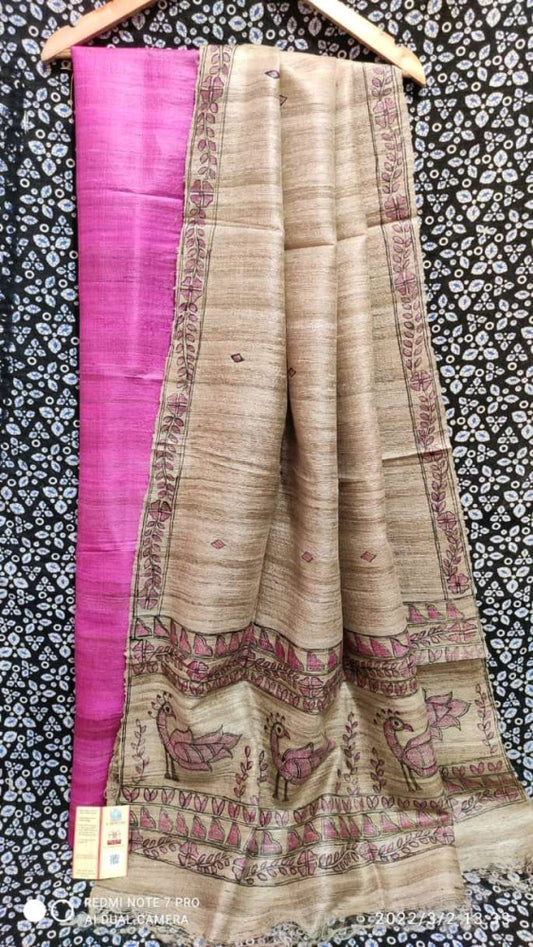 Madhubani Hand Block Printed Dupatta Tussar Ghicha Suit Material Style 11