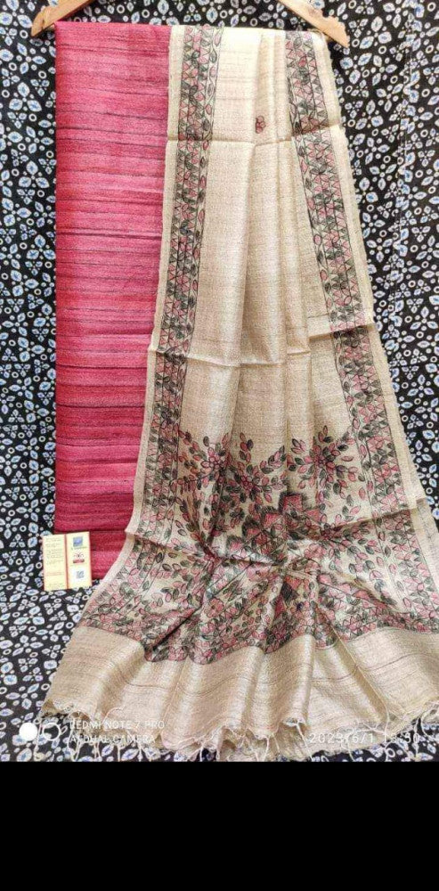 Madhubani Hand Block Printed Dupatta Tussar Ghicha Suit Material Style 12