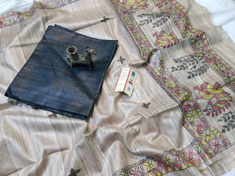 Madhubani Hand Block Printed Dupatta Tussar Ghicha Suit Material Style 13