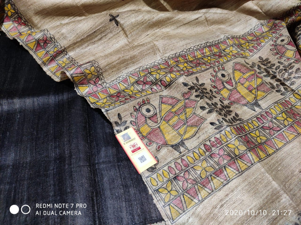 Madhubani Hand Block Printed Dupatta Tussar Ghicha Suit Material Style 14
