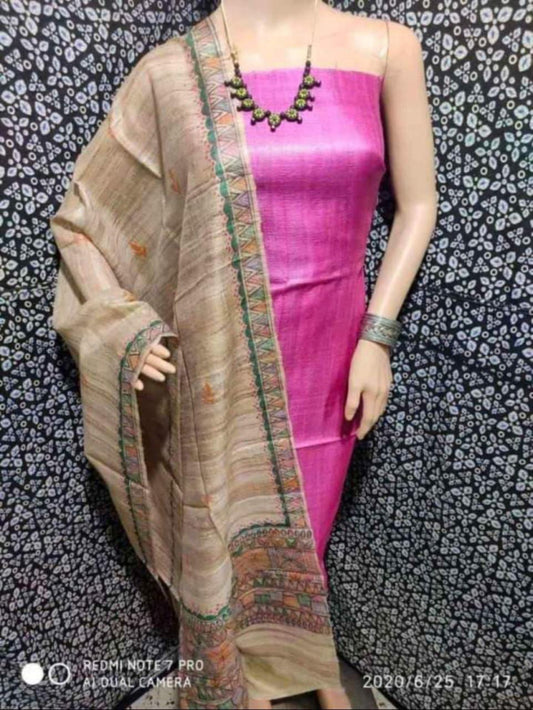 Madhubani Hand Block Printed Dupatta Tussar Ghicha Suit Material Style 2
