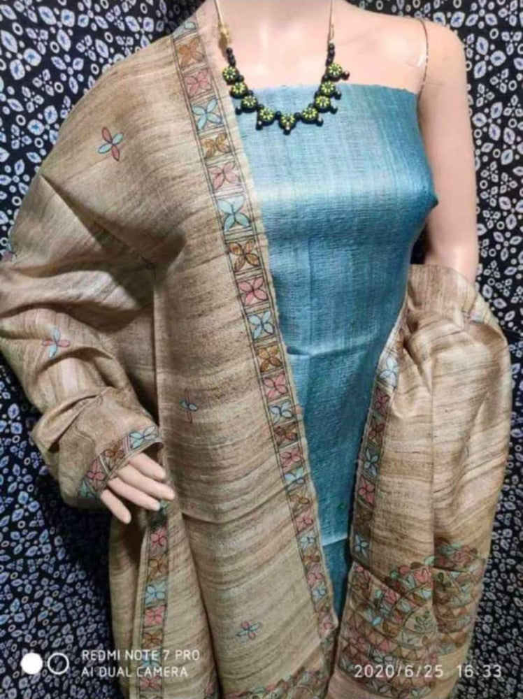 Madhubani Hand Block Printed Dupatta Tussar Ghicha Suit Material Style 4