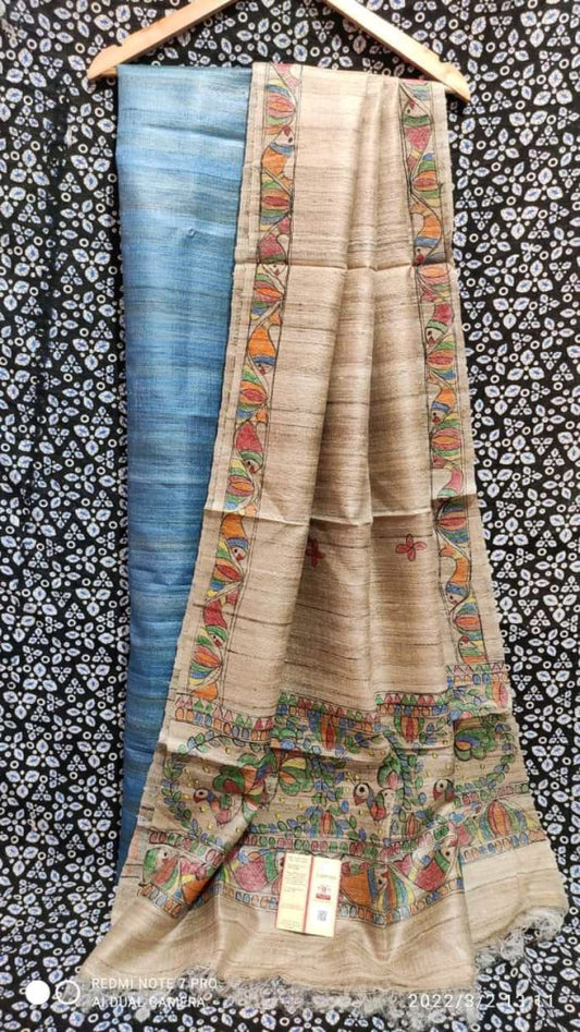 Madhubani Hand Block Printed Dupatta Tussar Ghicha Suit Material Style 7
