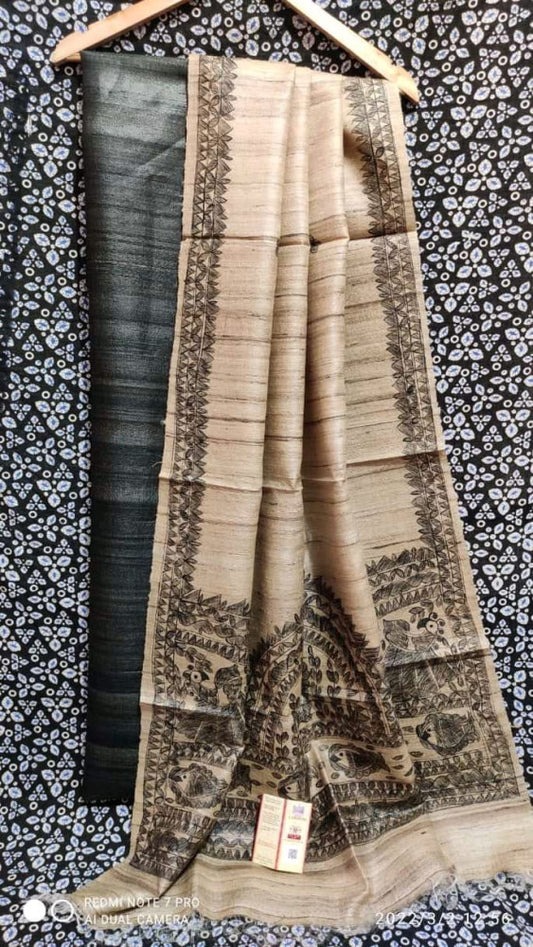 Madhubani Hand Block Printed Dupatta Tussar Ghicha Suit Material Style 8