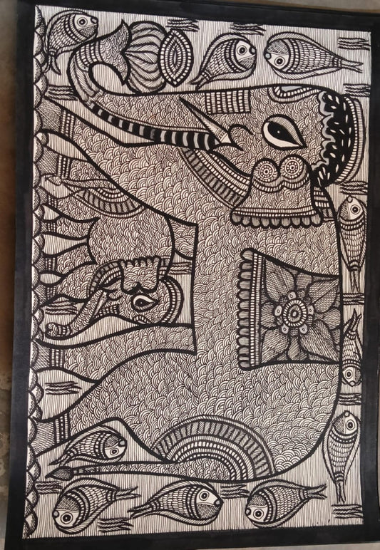 Madhubani Painting A Elephant on Natural Paints on Khadi Paper