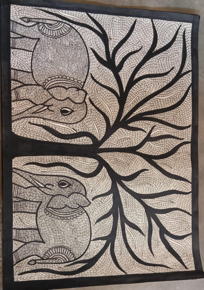 Madhubani Painting A Two Elephant on Natural Paints on Khadi Paper