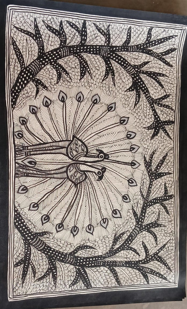 Madhubani Painting A Two Peacock on Natural Paints on Khadi Paper