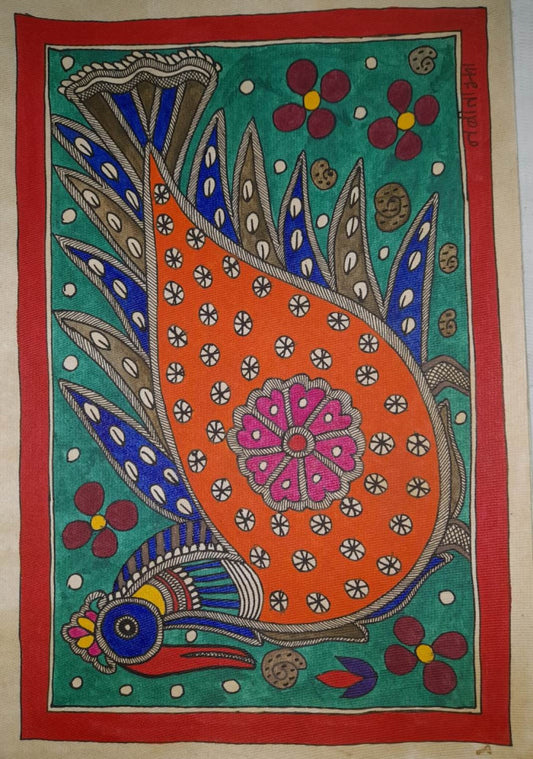 Madhubani Painting of a Large Bird with Traditional Motifs on Khadi Paper