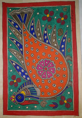 Madhubani Painting of a Large Bird with Traditional Motifs on Khadi Paper